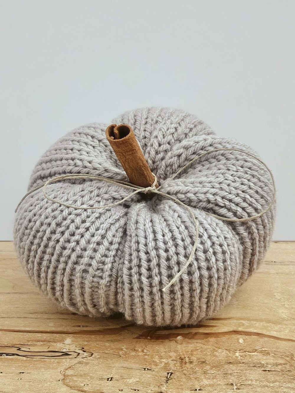 Handmade Knit Pumpkin Decor with Cinnamon Stem - Grey